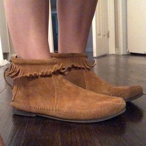 Minnetonka brown suede fringe ankle moccasins